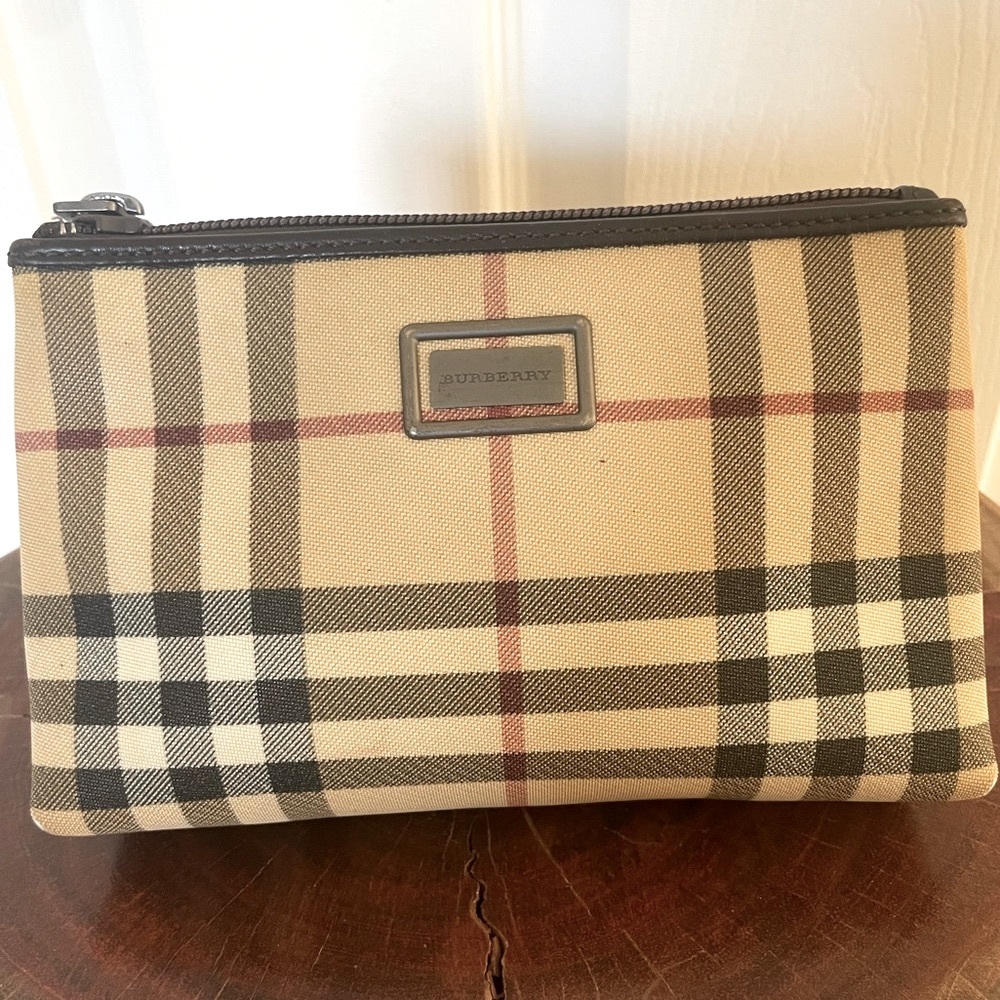BURBERRY Pouch House Check Brown Beige Canvas and Leather Trim ✨HOST PICK✨